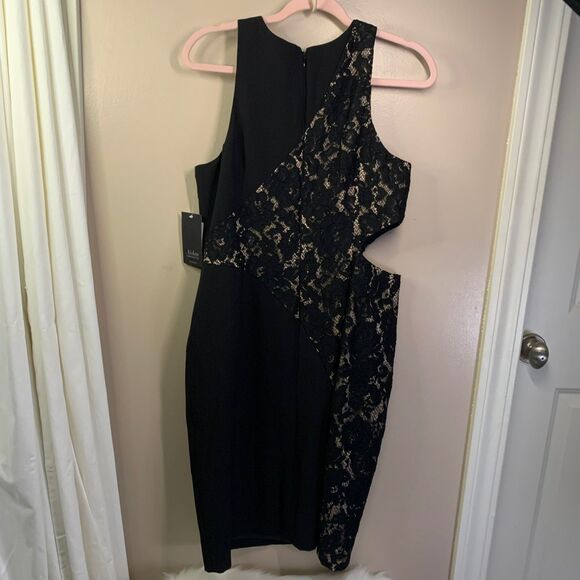 NWT Aidan Mattox Black Nude Crepe Lace Cutout Cocktail Dress Sz 14 - Picture 4 of 10